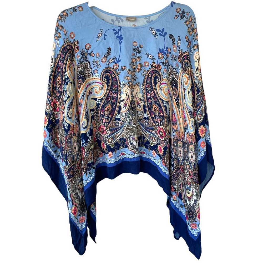 Light Blue Paisley Kissed Poncho Blouse - Women